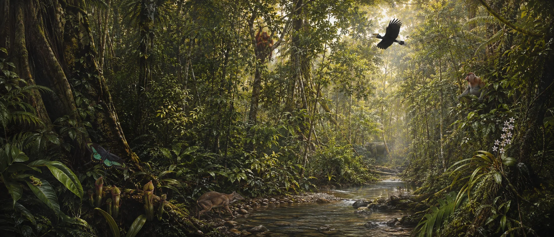 A lush Borneo rainforest with a stream and wildlife