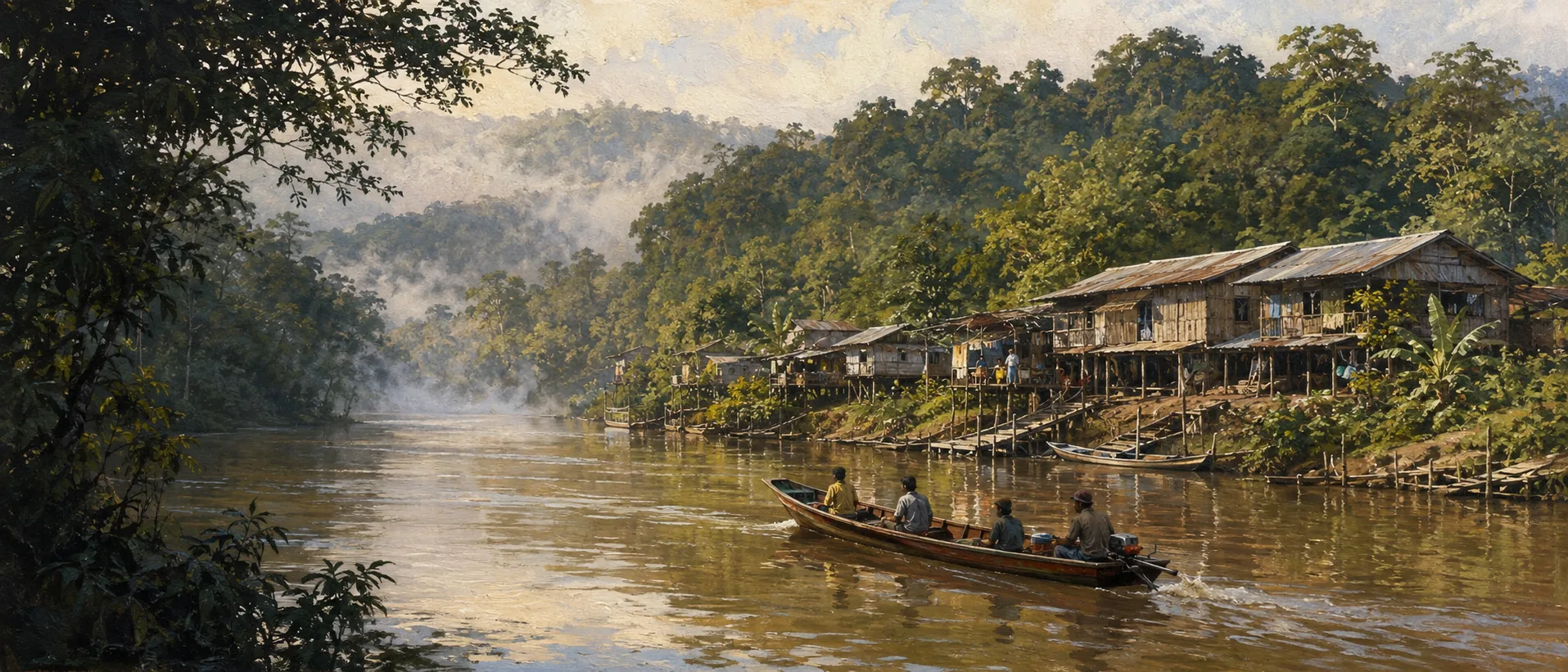 A riverside settlement within the Borneo rainforest