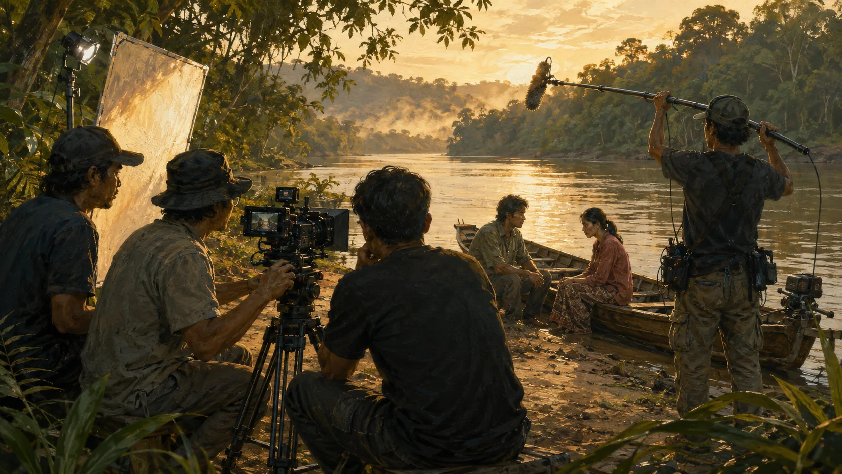 A production crew filming a scene beside a Borneo river