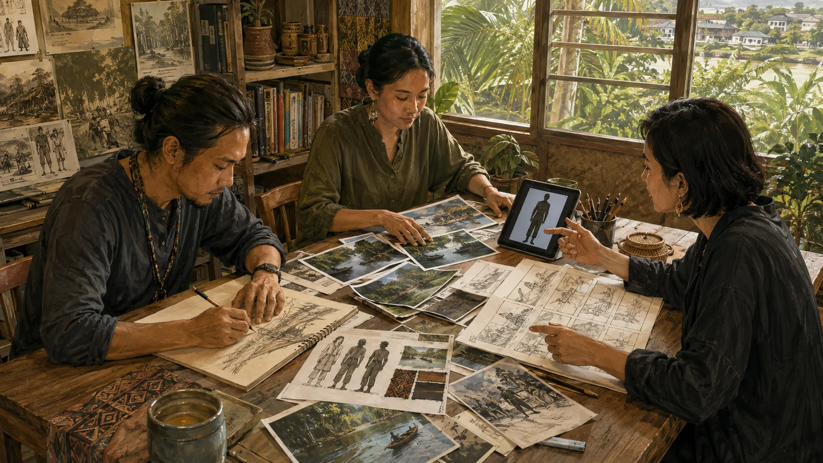 A creative team developing Borneo-inspired characters and storyboards